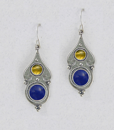 Sterling Silver Gothic Look With Lapis Lazuli And Citrine Gemstone Drop Dangle Earrings